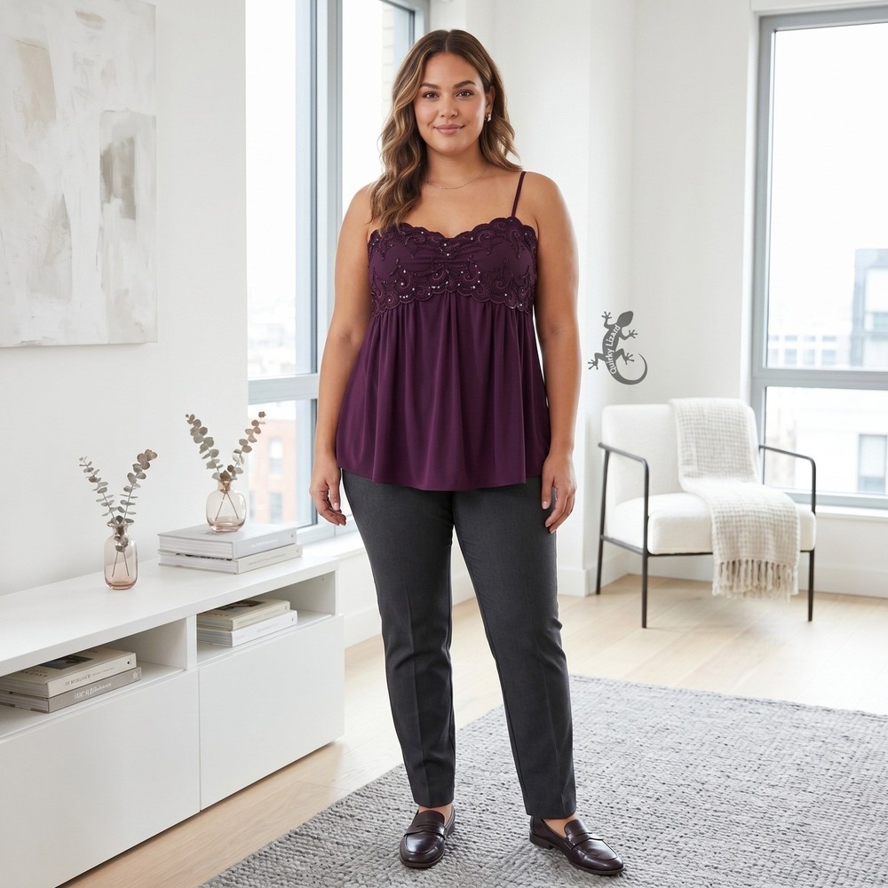 Lane Bryant Camisole 18/20 Purple Beaded Sequin Scalloped Whimsigoth Evening Top